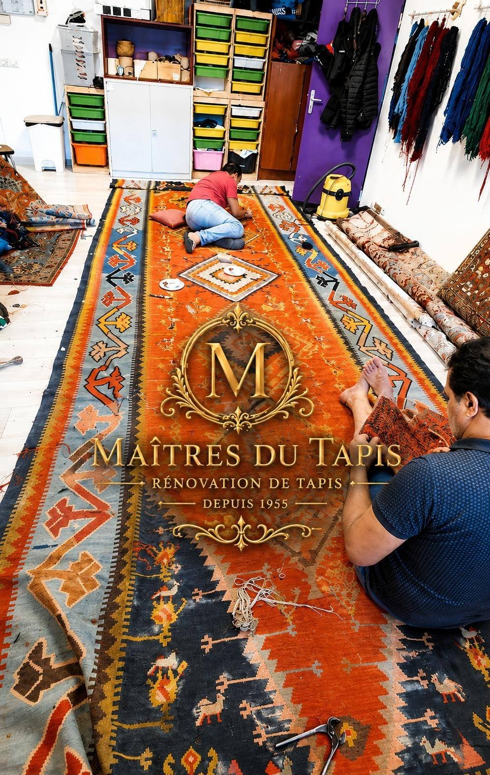 Kilim de grande dimension repris à même le sol de l’atelier