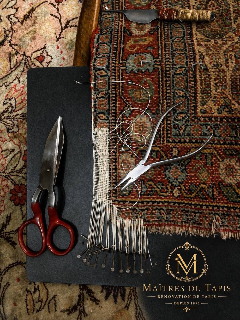 Les outils du métier : ciseaux de tondeur, pince à nouer, épingles de tension.