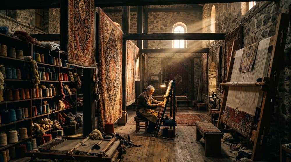 L’atelier : métiers, laines teintées et pièces en attente
