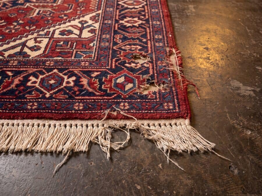 Angle de tapis persan avant restauration : franges arrachées et trous de mites