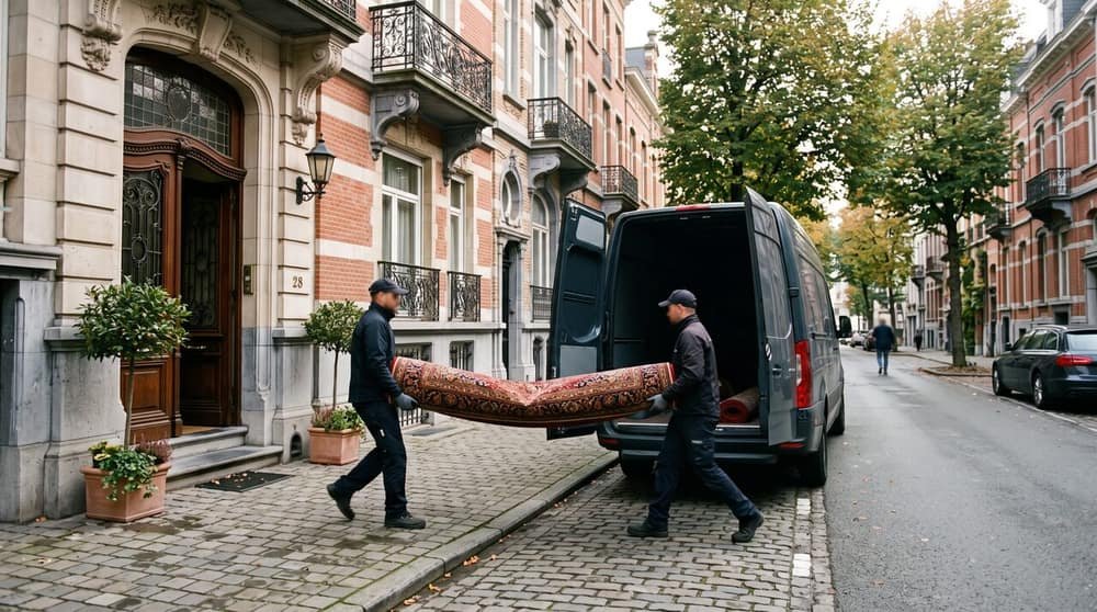 Enlèvement d’un tapis roulé au domicile d’un client dans une rue résidentielle de Bruxelles