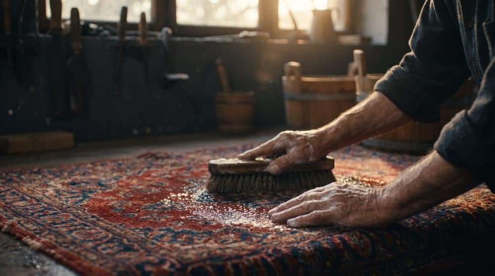 Artisan lavant à la brosse un tapis persan ancien à grande eau dans son atelier