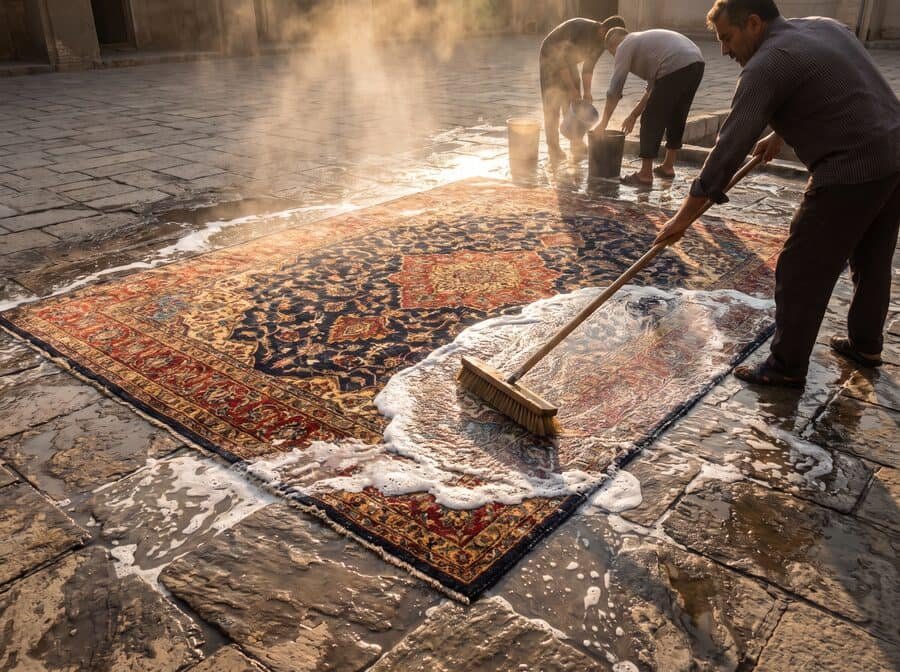Lavage traditionnel d’un tapis persan à grande eau et au savon naturel