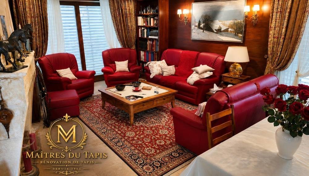 Salon en cuir rouge — tapis persan à médaillon remis en place après restitution