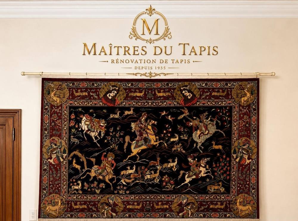Tapis de scène de chasse monté sur barre et accroché au mur d’un intérieur