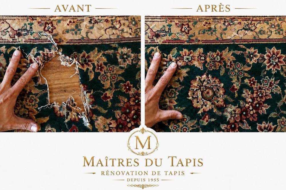 Trou traversant dans un tapis, avant et après retissage : le motif floral est reconstruit